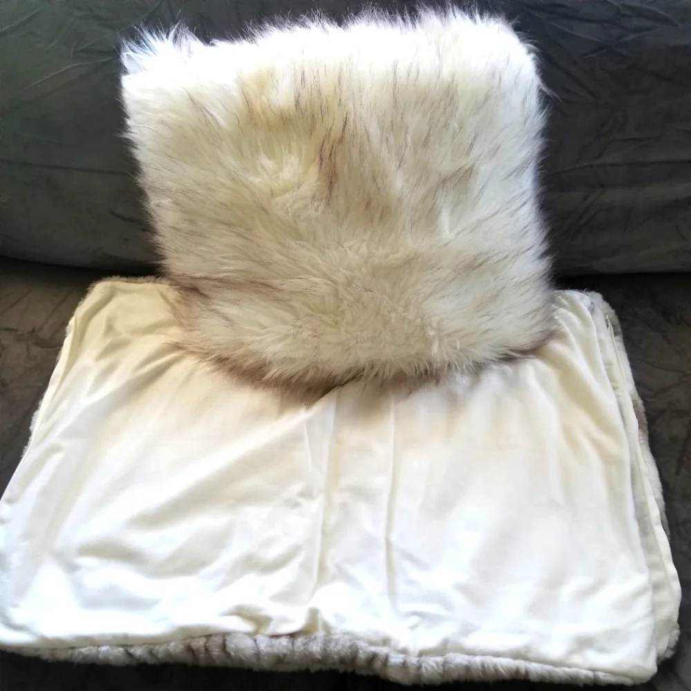 Threshold Faux Fur Pillow Shames w/ Matching Toss Pillow NEW Cream & Brown- NEW